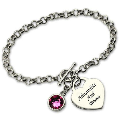 Heart Charm Bracelet with Birthstone & Name Sterling Silver