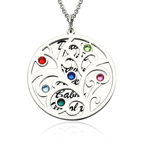 A round silver double pendant necklace featuring a Tree of Life design with colorful gemstones. The front pendant eclipses the back pendant, which has engraved names.