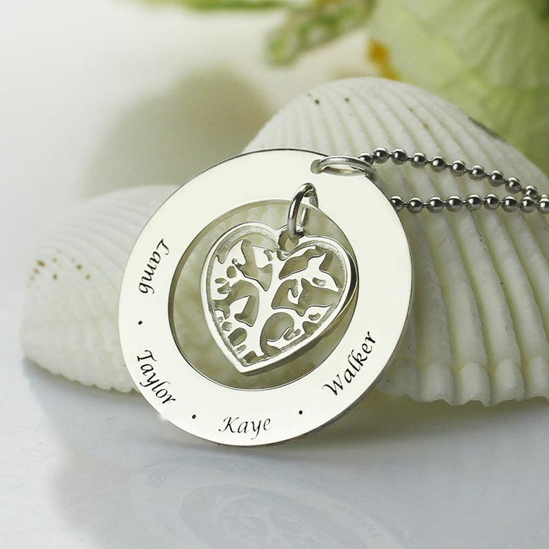 Heart Charm Circle Family Tree Name Necklace Sterling Silver - Belbren