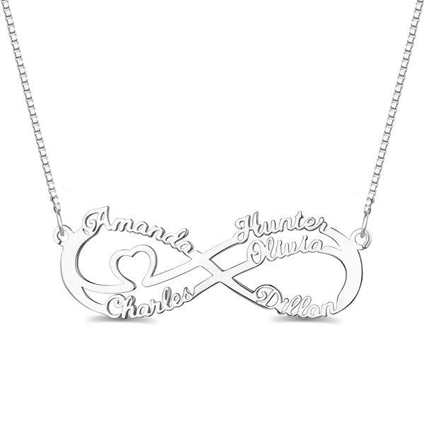 Silver double infinity necklace featuring the names Amanda, Charles, Hunter, Olivia, and Dillon in a delicate script, with a small heart incorporated into the design.