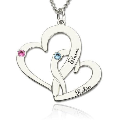 Interlocking 2 Open Hearts Necklace with Names & Birthstones - Belbren