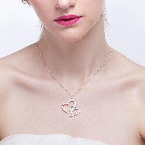 Interlocking 2 Open Hearts Necklace with Names & Birthstones - Belbren