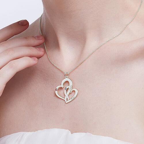 Interlocking 2 Open Hearts Necklace with Names & Birthstones - Belbren