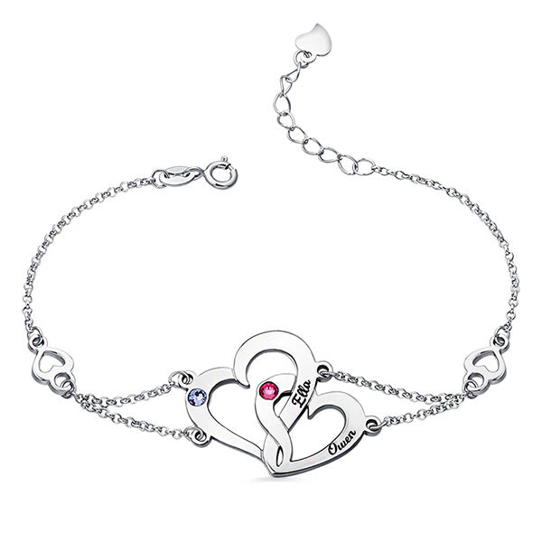 Sterling Silver Double Heart  Bracelet | Interlocking Heart Birthstones Bracelet | Couples Heart Bracelet | Mother and Daughter Bracelet