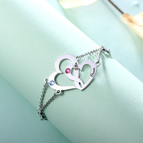 Sterling Silver Double Heart  Bracelet | Interlocking Heart Birthstones Bracelet | Couples Heart Bracelet | Mother and Daughter Bracelet
