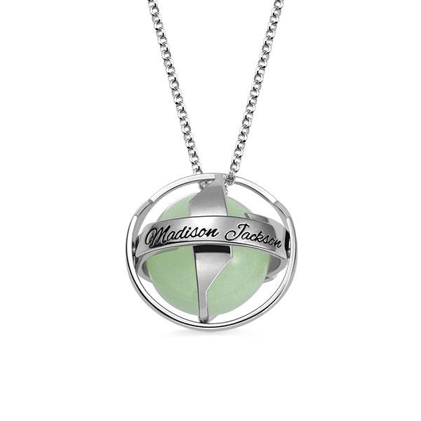 Personalized Sterling Silver Luminous Stone Pendant Necklace engraved with Madison Jackson, featuring a glowing green gemstone