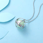 Personalized Sterling Silver Luminous Stone Pendant Necklace, engraved with Madison Jackson, featuring a glowing green gemstone on a blue background