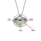 Personalized Sterling Silver Luminous Stone Pendant Necklace with directions labeled: Front, Back, Left, and Right, engraved with Madison Jackson