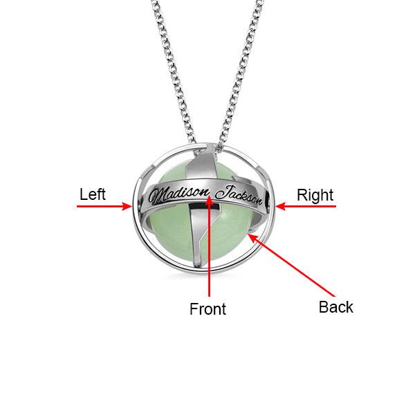 Personalized Sterling Silver Luminous Stone Pendant Necklace with directions labeled: Front, Back, Left, and Right, engraved with Madison Jackson