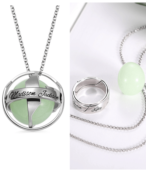 Personalized Sterling Silver Luminous Stone Pendant Necklace and Ring, engraved with Madison Jackson and Kiley, featuring a glowing green gemstone