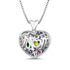 Silver open heart pendant with "Mom" inscribed, featuring colorful birthstones inside, on a box chain necklace.