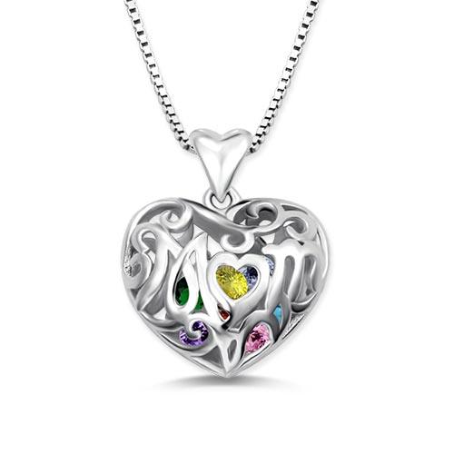 Mom's Heart Cage Pendant Necklace with Floating Family Birthstones, 925 Sterling Silver Chain - Belbren