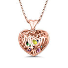 Rose gold open heart pendant with "Mom" inscribed, adorned with colorful birthstones inside, hanging on a box chain necklace.