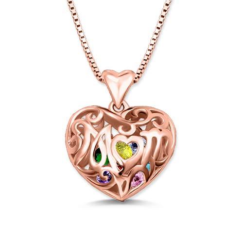 Rose gold open heart pendant with "Mom" inscribed, adorned with colorful birthstones inside, hanging on a box chain necklace.