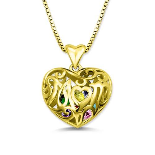 Gold open heart pendant with "Mom" inscribed, featuring colorful birthstones inside, on a box chain necklace.