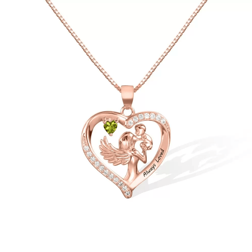 Mother and Child Angel Pendant Heart Necklace with Birthstone - Belbren