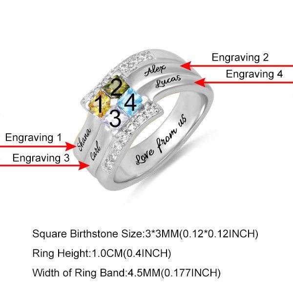 A silver ring featuring a rectangular arrangement of four colorful gemstones, each numbered, and engraved names corresponding to each stone, along with size specifications at the bottom.