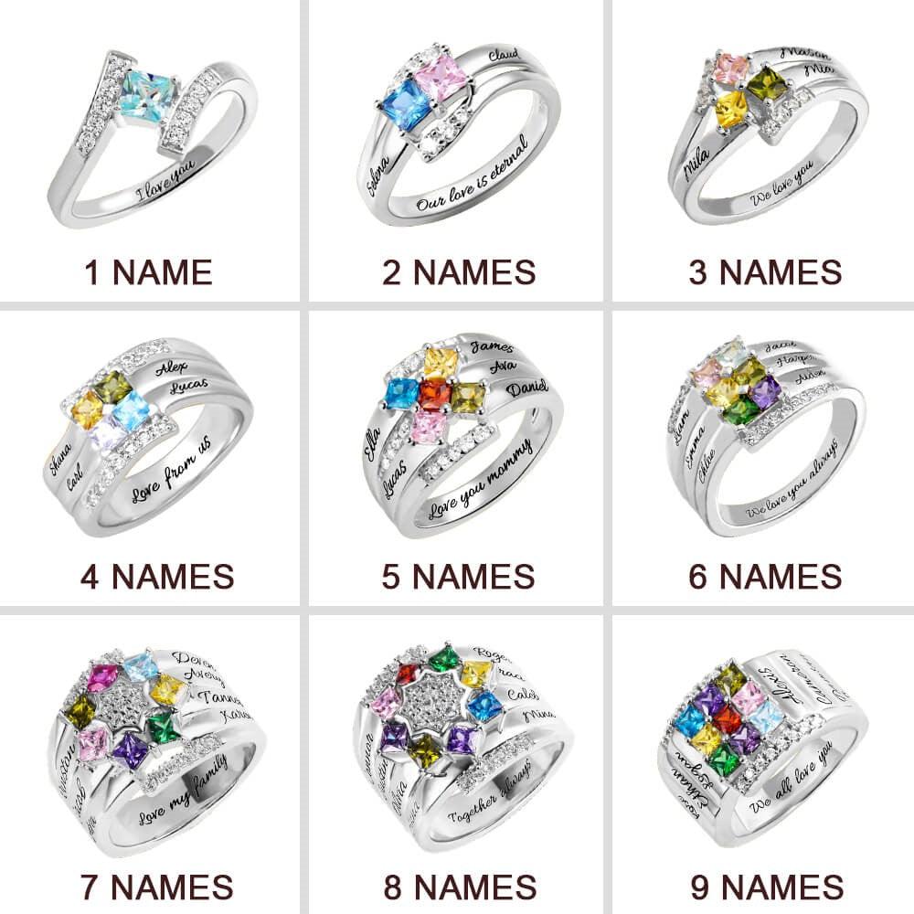 A chart displaying nine silver rings, each designed to hold different numbers of engraved names and gemstones, ranging from one to nine names per ring.