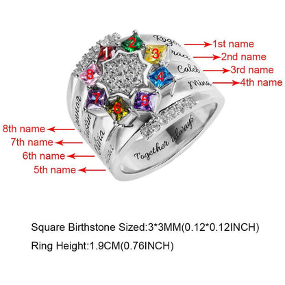 A silver ring with a star-shaped arrangement of eight colorful gemstones, each numbered, and engraved names corresponding to each stone, along with size specifications at the bottom.