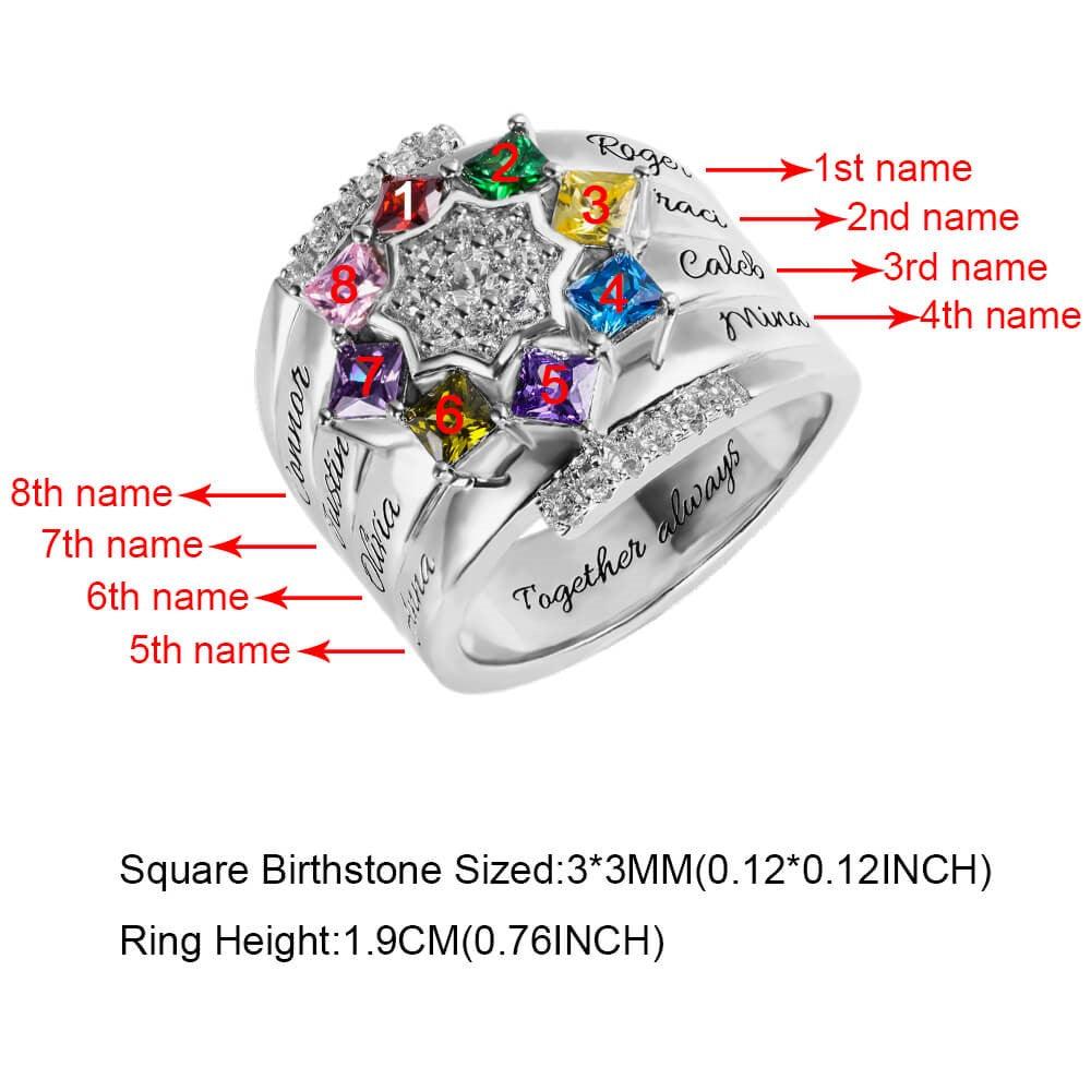 A silver ring with a star-shaped arrangement of eight colorful gemstones, each numbered, and engraved names corresponding to each stone, along with size specifications at the bottom.