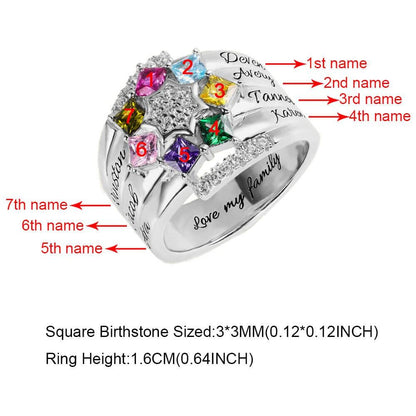 A silver ring with a star-shaped arrangement of seven colorful gemstones, each numbered, and engraved names corresponding to each stone, along with size specifications at the bottom.