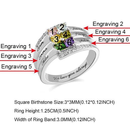 A silver ring featuring a rectangular arrangement of six colorful gemstones, each numbered, and engraved names corresponding to each stone, along with size specifications at the bottom.