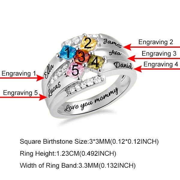 A silver ring featuring a star-shaped arrangement of five colorful gemstones, each numbered, and engraved names corresponding to each stone, along with size specifications at the bottom.