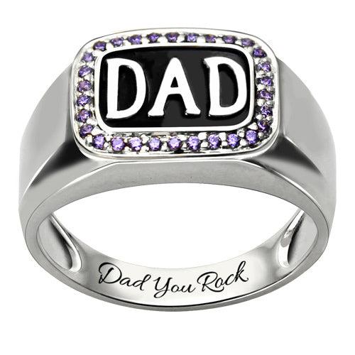 Silver "DAD" ring encircled with purple gems and "Dad You Rock" inscription on the band.