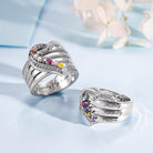 Personalized 925 sterling silver family birthstone ring featuring engraved names and multicolored gems.