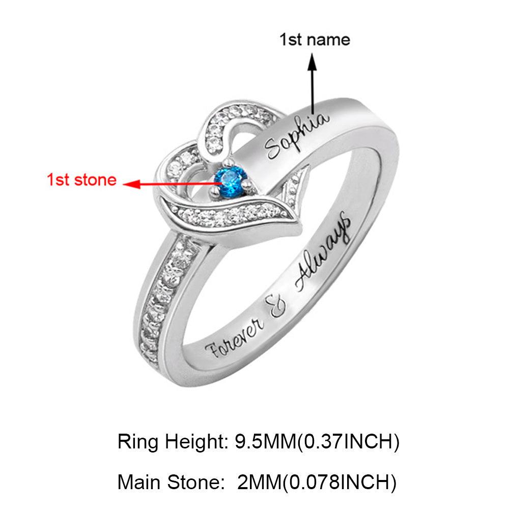 Detailed view of a sterling silver personalized birthstone ring with name engraving 'Sophia' and specifications.