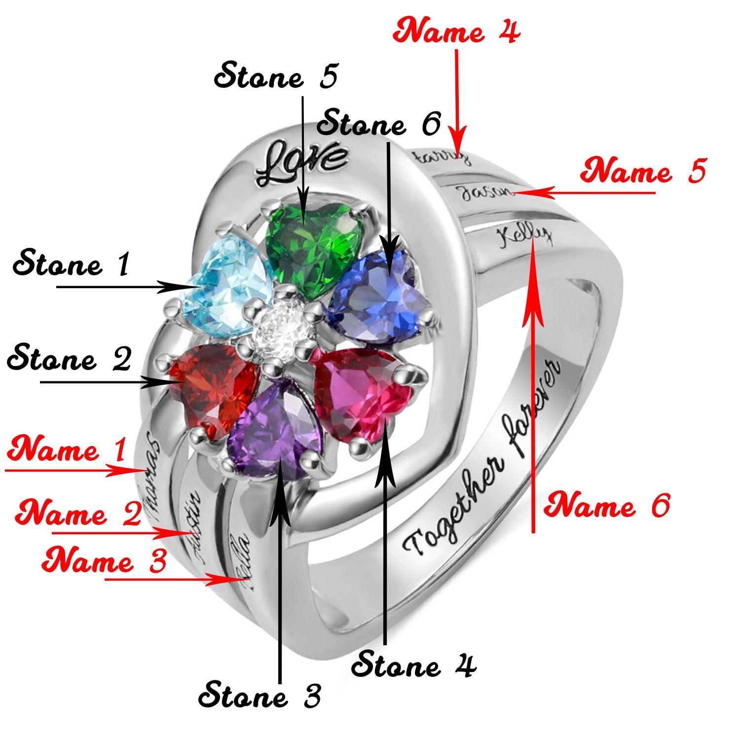 Diagram of a personalized silver ring with multicolored heart-shaped gemstones, showing customizable options for engraving up to six names and selecting birthstones.