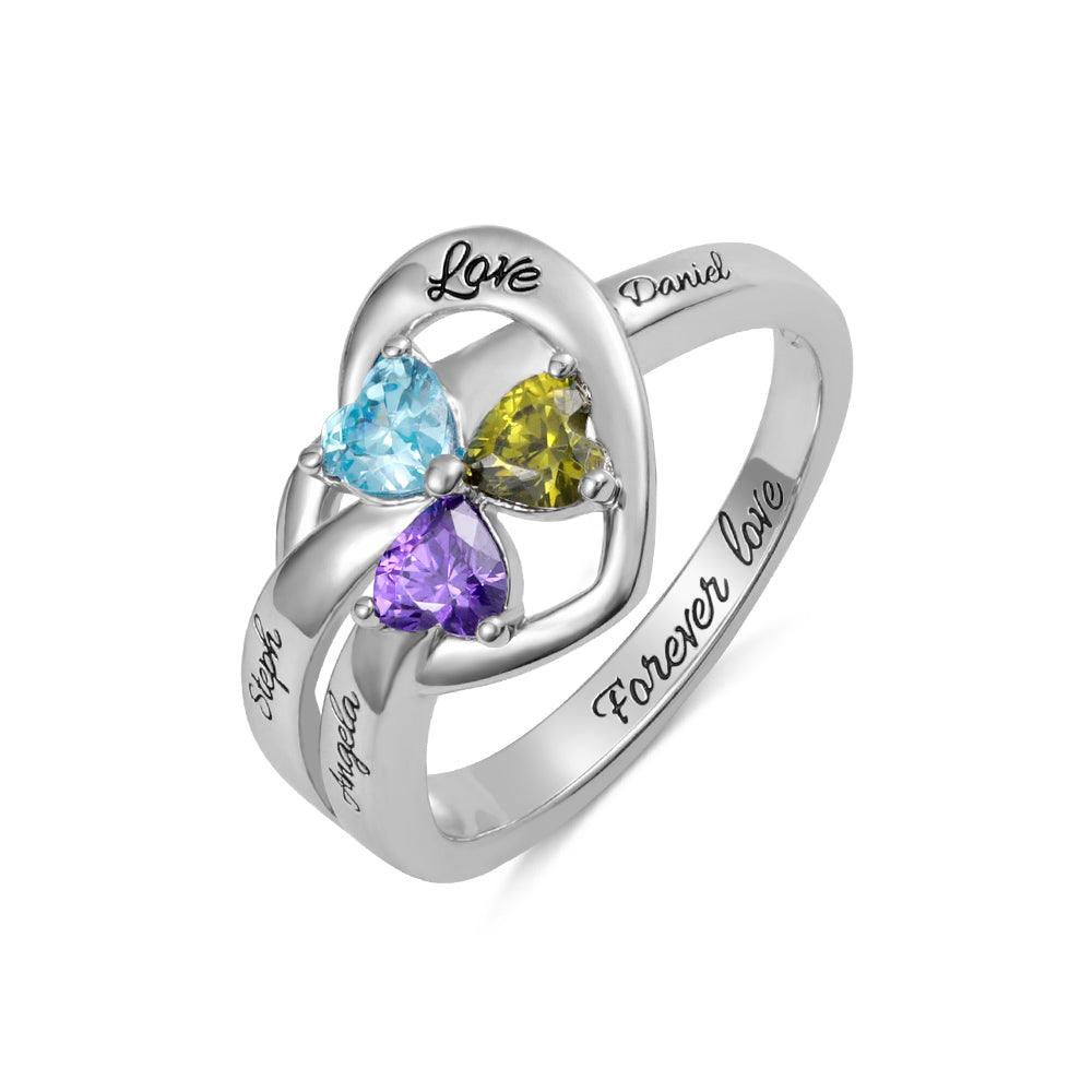 Personalized silver ring with blue, yellow, and purple heart-shaped gemstones, engraved with 'Love,' 'Daniel,' 'Steph,' 'Angela,' and 'Forever love,' symbolizing eternal affection.