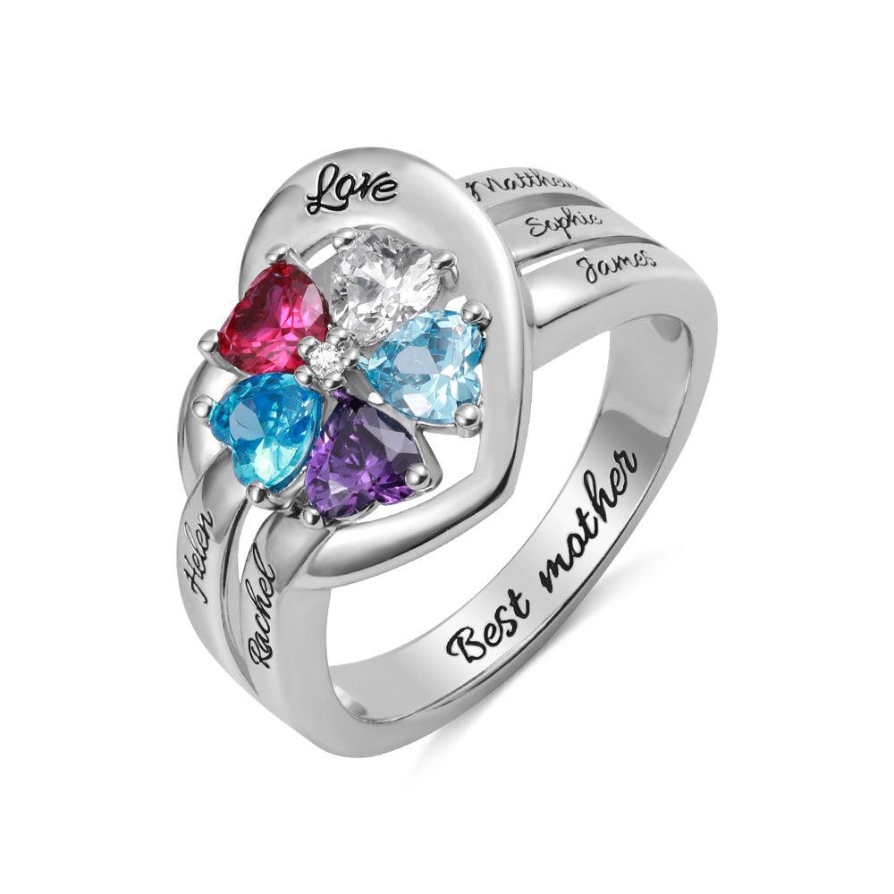 Personalized silver ring with red, white, blue, and purple heart-shaped gemstones, engraved with 'Love,' 'Helen,' 'Rachel,' and 'Best mother,' symbolizing maternal love.