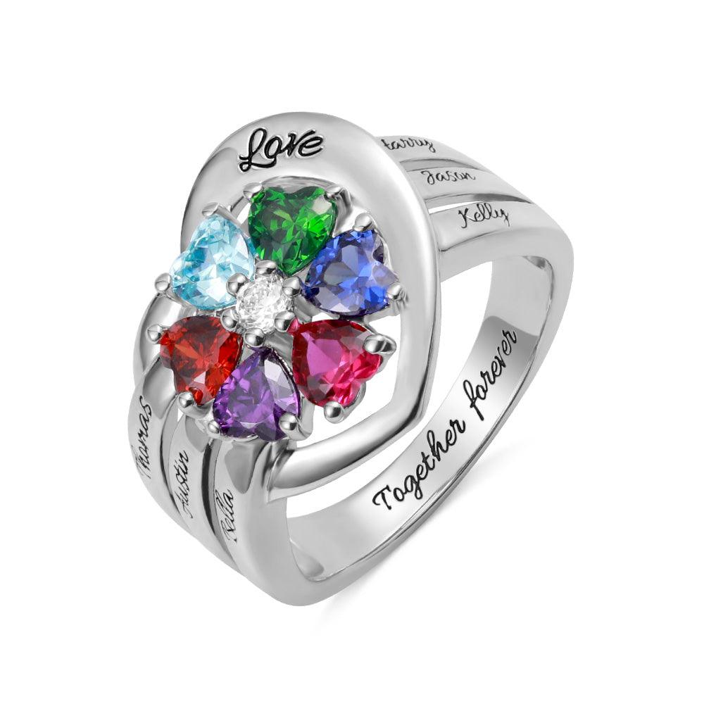 Personalized silver ring with multicolored heart-shaped gemstones, engraved with 'Love,' 'Together forever,' and names, symbolizing eternal family love and unity.