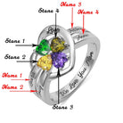 Diagram of a personalized silver ring with heart-shaped gemstones, showing customizable options for engraving names and selecting birthstones.