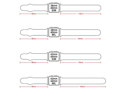 Diagram showing Apple Watch band sizes with measurements for 38mm, 40mm, 42mm, and 44mm models in both S/M and M/L lengths, labeled with dimensions.