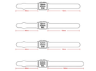 Diagram showing Apple Watch band sizes with measurements for 38mm, 40mm, 42mm, and 44mm models in both S/M and M/L lengths, labeled with dimensions.