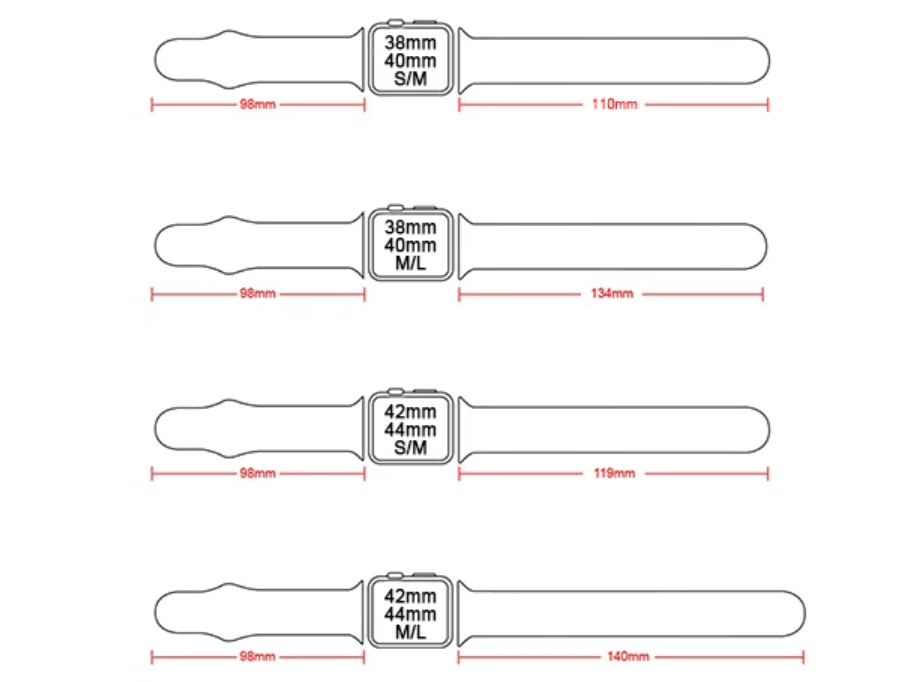 Diagram showing Apple Watch band sizes with measurements for 38mm, 40mm, 42mm, and 44mm models in both S/M and M/L lengths, labeled with dimensions.