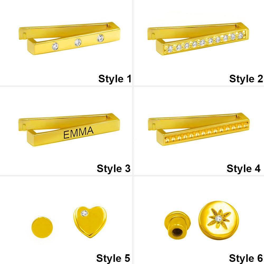 Collection of gold Apple Watch charms in various styles, including personalized engravings, diamond-like accents, and heart-shaped designs. Styles labeled 1 through 6.
