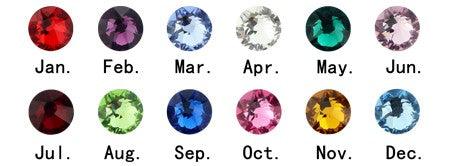 Image showing birthstones for each month: January (garnet), February (amethyst), March (aquamarine), April (diamond), May (emerald), June (alexandrite), July (ruby), August (peridot), September (sapphire), October (pink tourmaline), November (topaz), December (blue zircon).