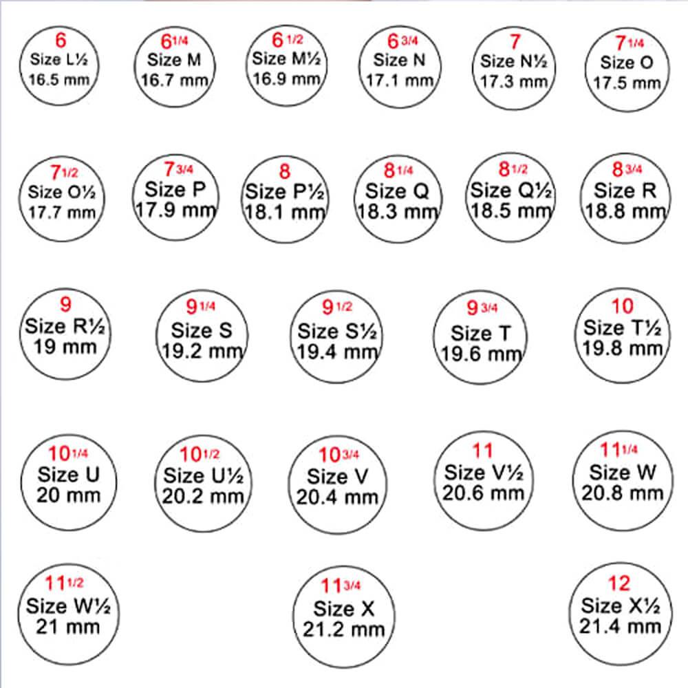 A chart showing ring sizes in US and UK measurements, ranging from size 6 (16.5 mm) to size 12 (21.4 mm), with corresponding letters for each size.