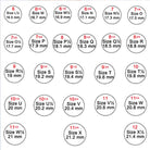 A chart showing ring sizes in US and UK measurements, ranging from size 6 (16.5 mm) to size 12 (21.4 mm), with corresponding letters for each size.