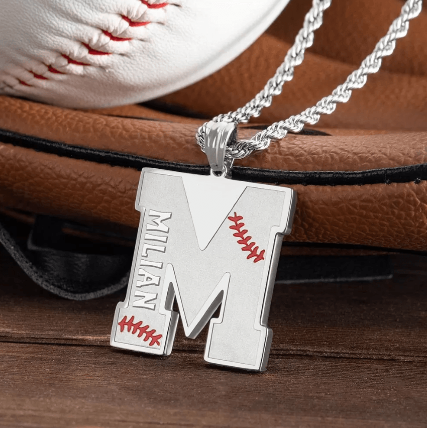 Personalized Baseball Necklace - Custom Initial & Name Pendant for Sports Fans - Stainless Steel, Gold, Rose Gold, Black Plated - Belbren