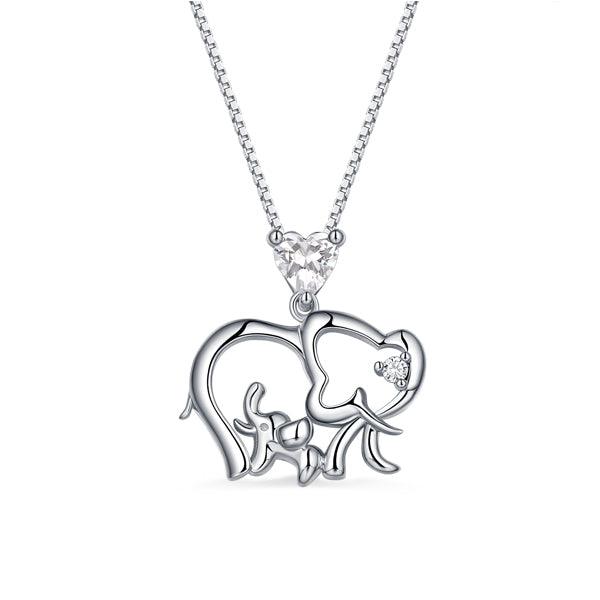 Sterling silver necklace featuring a baby and mother elephant design with a personalized birthstone heart, symbolizing maternal love and protection.
