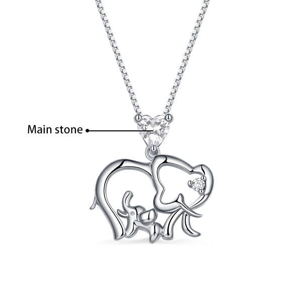 Sterling silver necklace featuring a baby and mother elephant design with a personalized heart-shaped birthstone as the main stone, symbolizing maternal love.