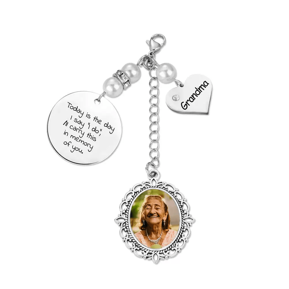 Memorial bridal bouquet charm with pearls and a photo pendant for grandma.