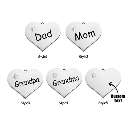 Heart-shaped charms with 'Dad', 'Mom', 'Grandpa', 'Grandma', and custom text options.