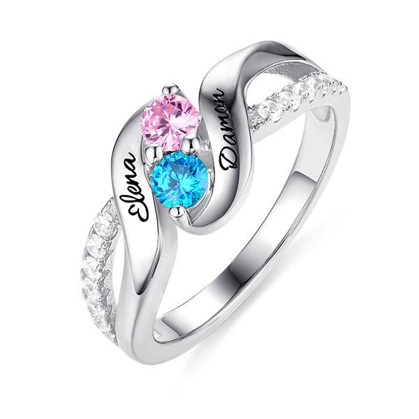 Customized sterling silver ring with two birthstones and engraved names 'Elena' and 'Darren.