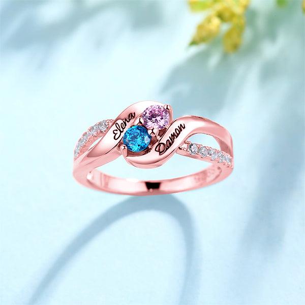 Personalized Double Birthstones Ring with Custom Engravings - Sterling Silver, 18k Gold Plated, or Rose Gold Plated - Belbren