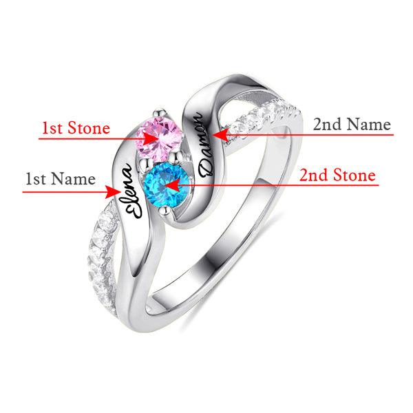 Personalized Double Birthstones Ring with Custom Engravings - Sterling Silver, 18k Gold Plated, or Rose Gold Plated - Belbren